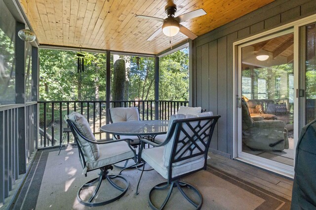 sunroom / solarium featuring ceiling fan and wooden ceiling