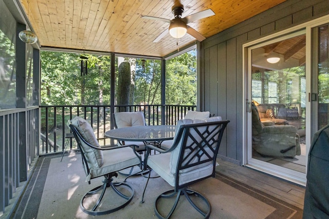 sunroom / solarium featuring wood ceiling, a ceiling fan, and a healthy amount of sunlight