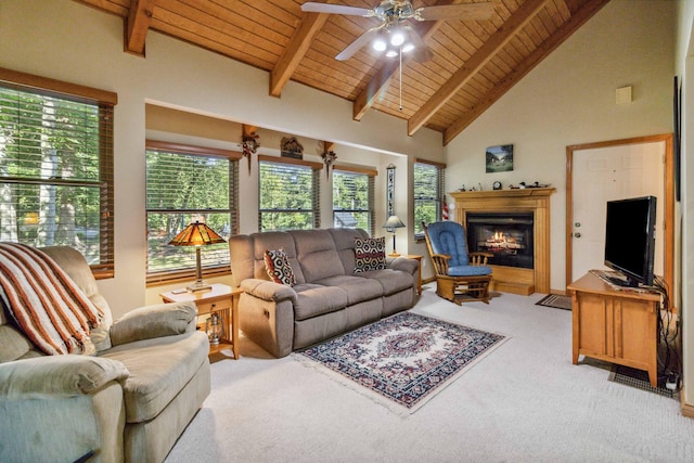 carpeted living room featuring beam ceiling, high vaulted ceiling, ceiling fan, and wood ceiling