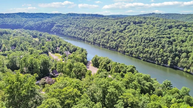 birds eye view of property featuring a wooded view and a water view