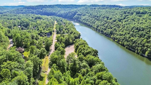 birds eye view of property featuring a forest view and a water view