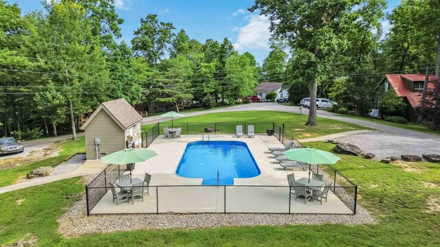 view of swimming pool featuring a patio area and a lawn