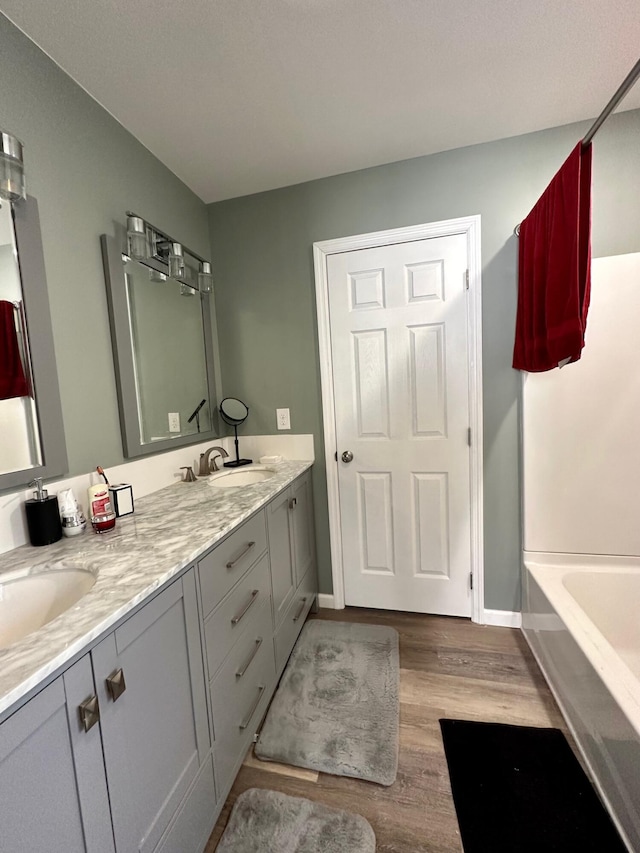 bathroom featuring vanity, wood-type flooring, and a bathtub