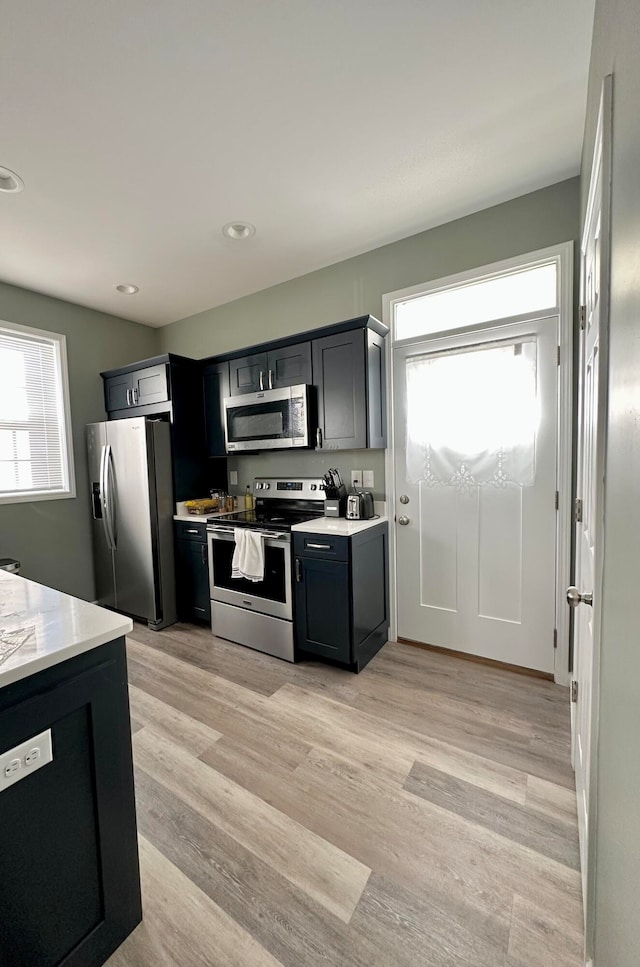 kitchen with a wealth of natural light, light hardwood / wood-style flooring, and stainless steel appliances