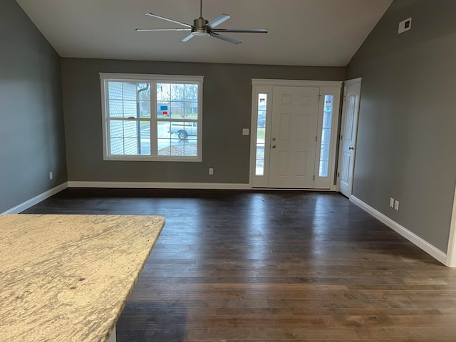 entrance foyer with vaulted ceiling, hardwood / wood-style floors, and ceiling fan