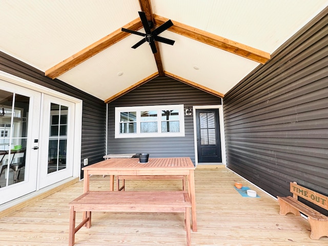 deck with ceiling fan and french doors