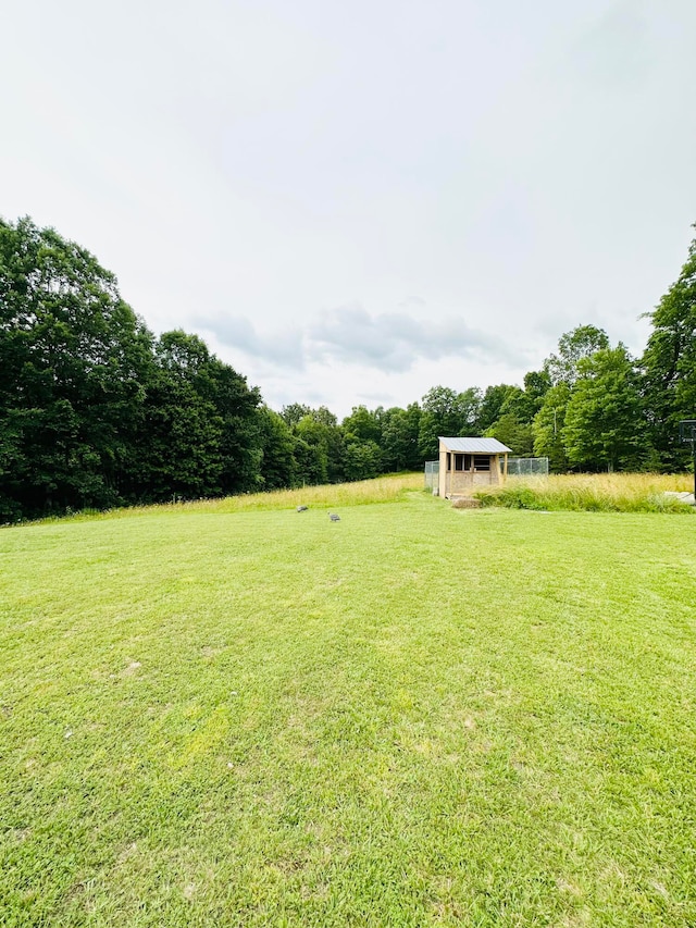 view of yard with an outdoor structure and a rural view