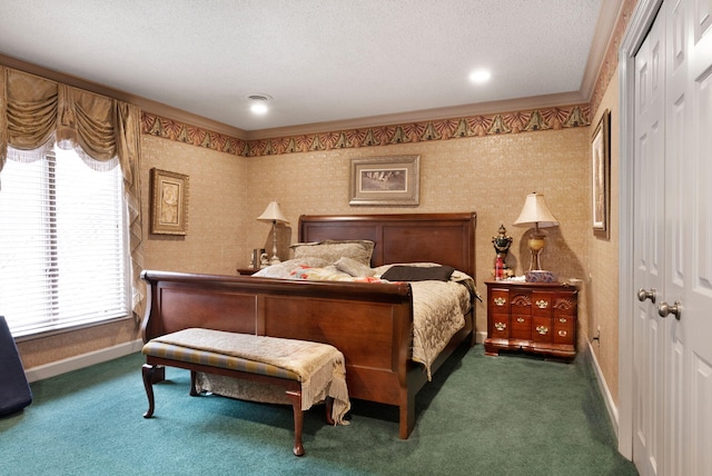 carpeted bedroom with crown molding, a textured ceiling, a closet, and multiple windows