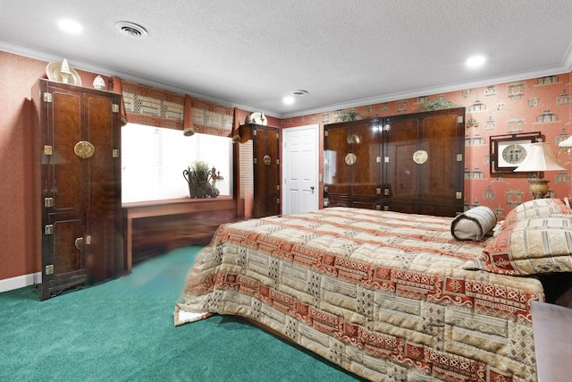 carpeted bedroom with crown molding and a textured ceiling