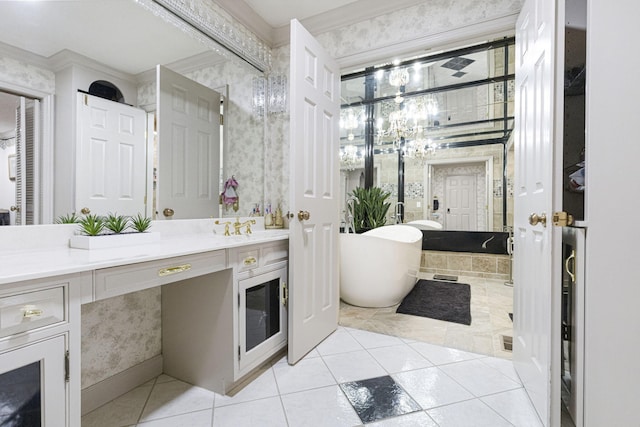 bathroom with crown molding, a bath to relax in, tile floors, and large vanity