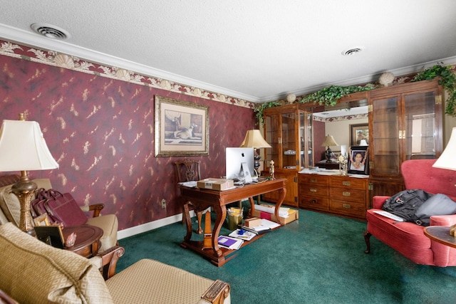 carpeted home office featuring crown molding and a textured ceiling