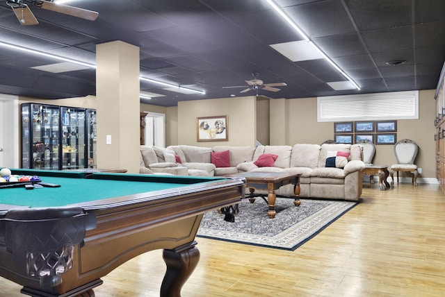 recreation room with billiards, light hardwood / wood-style floors, and ceiling fan