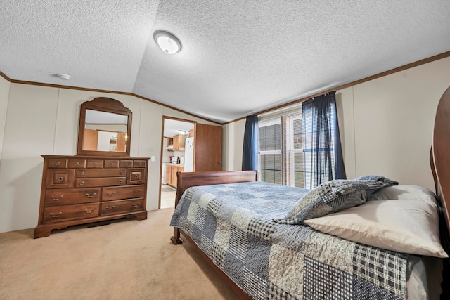 carpeted bedroom featuring a textured ceiling, crown molding, and vaulted ceiling