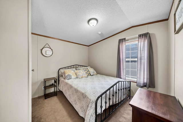 carpeted bedroom with lofted ceiling and a textured ceiling