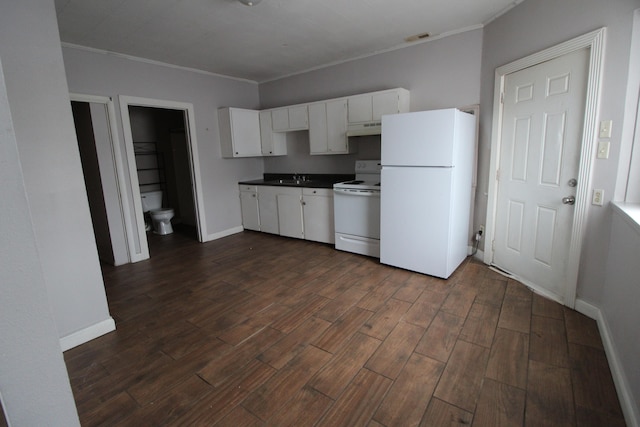 kitchen with dark wood-type flooring, white cabinetry, white appliances, ornamental molding, and sink