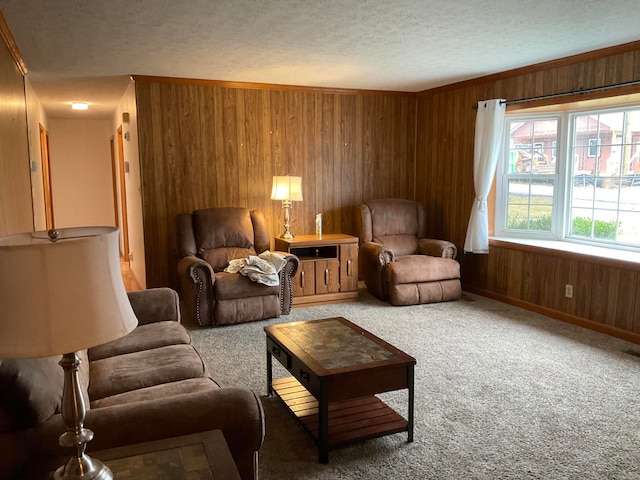 living room featuring a textured ceiling, light colored carpet, and wood walls