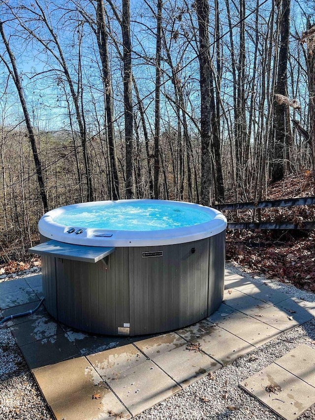 view of swimming pool with a hot tub