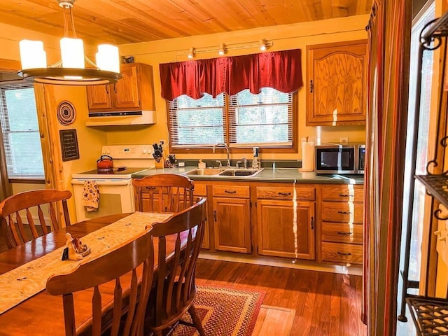 kitchen featuring a chandelier, decorative light fixtures, dark wood-type flooring, and wood ceiling