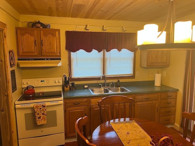 kitchen featuring white electric range oven, wood ceiling, and sink