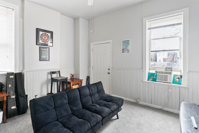 living room featuring light colored carpet