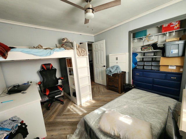 bedroom featuring crown molding, ceiling fan, and parquet floors