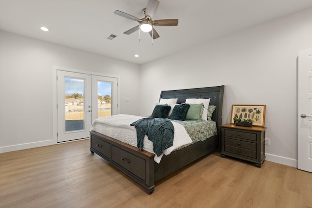 bedroom featuring french doors, ceiling fan, access to exterior, and light wood-type flooring