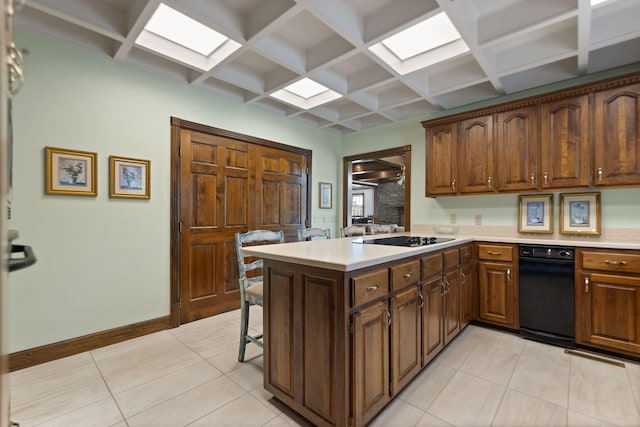 kitchen with light tile patterned flooring, a breakfast bar area, coffered ceiling, kitchen peninsula, and black electric stovetop