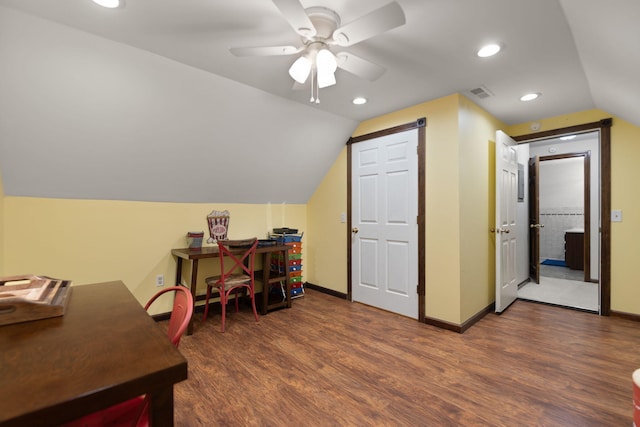 office space with lofted ceiling, dark wood-type flooring, and ceiling fan