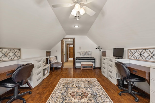 home office featuring ceiling fan, lofted ceiling, and dark wood-type flooring