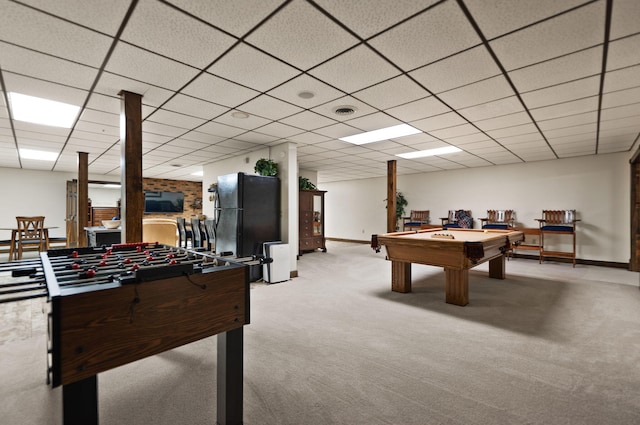 playroom with light carpet, billiards, and a paneled ceiling