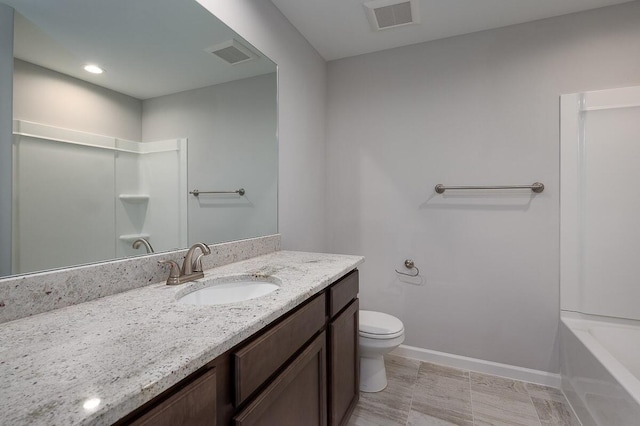 full bathroom featuring shower / bathing tub combination, toilet, tile floors, and vanity