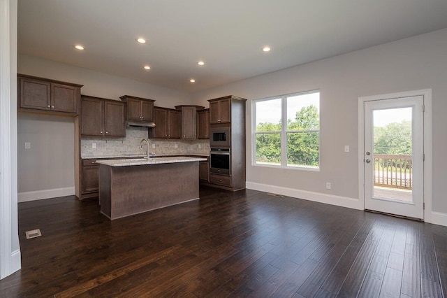 kitchen featuring tasteful backsplash, dark wood-type flooring, stainless steel appliances, a wealth of natural light, and a center island with sink