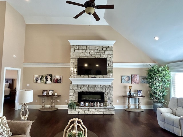 living room with hardwood / wood-style floors, a stone fireplace, and high vaulted ceiling