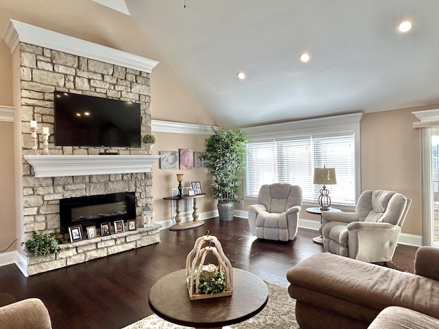 living room with hardwood / wood-style flooring, a fireplace, and vaulted ceiling