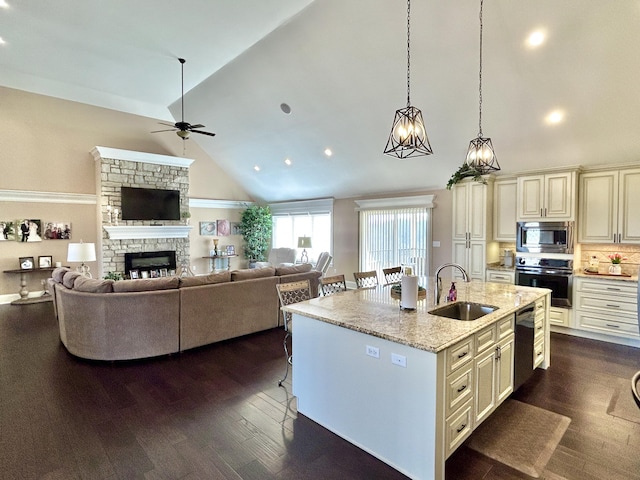 kitchen with an island with sink, sink, a kitchen breakfast bar, light stone counters, and stainless steel appliances