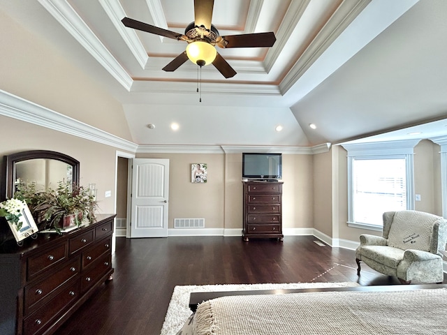 bedroom with lofted ceiling, ornate columns, crown molding, a tray ceiling, and dark hardwood / wood-style flooring