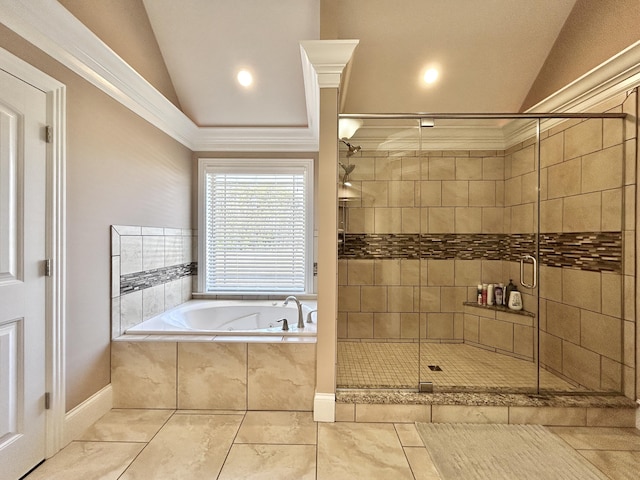 bathroom featuring crown molding, separate shower and tub, and vaulted ceiling