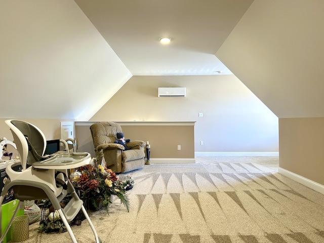 bonus room featuring vaulted ceiling, light colored carpet, and a wall mounted AC