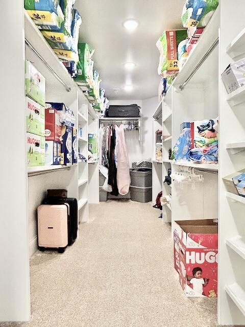 spacious closet featuring light colored carpet