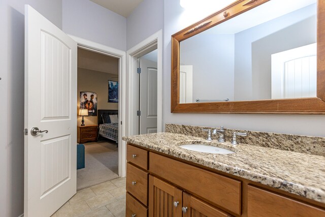 bathroom featuring vanity, ceiling fan, tile patterned floors, and shower / bath combo