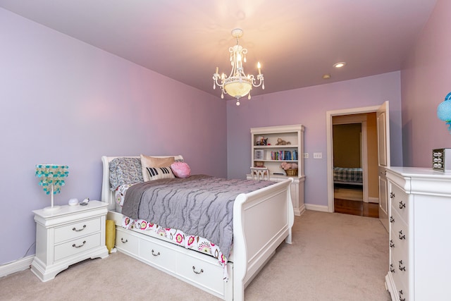 rec room with a notable chandelier, lofted ceiling, and light colored carpet