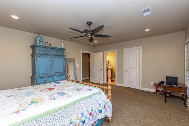 carpeted bedroom featuring access to exterior, ceiling fan, and multiple windows