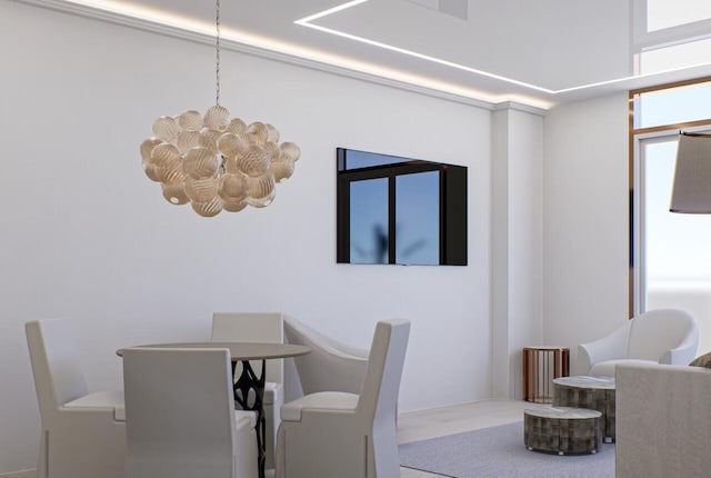 carpeted dining room with a chandelier