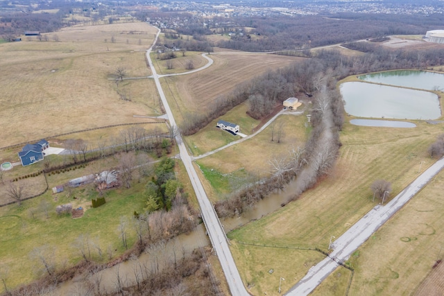 bird's eye view featuring a rural view and a water view