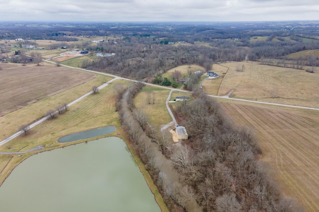 aerial view featuring a rural view and a water view