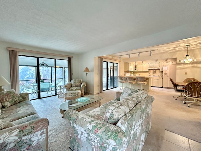 46-1 Woodson Bend Resort, Bronston, KY 42518 - living area featuring a notable chandelier, track lighting, light colored carpet, and baseboards