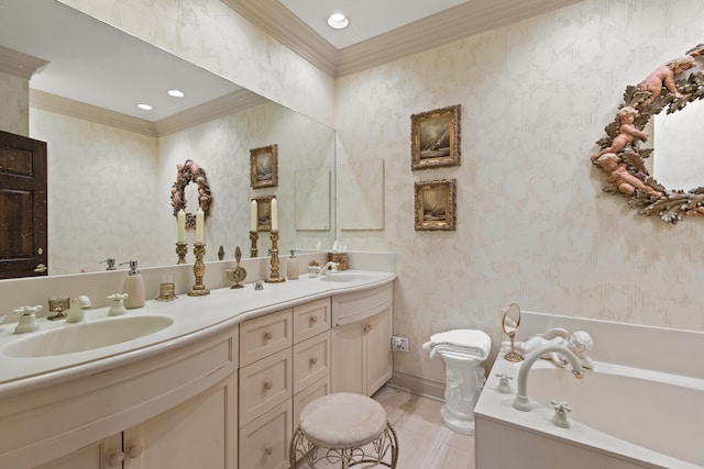 bathroom featuring dual sinks, ornamental molding, a bath to relax in, and oversized vanity