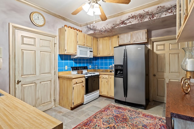 kitchen featuring light tile floors, white appliances, tasteful backsplash, ceiling fan, and light brown cabinetry