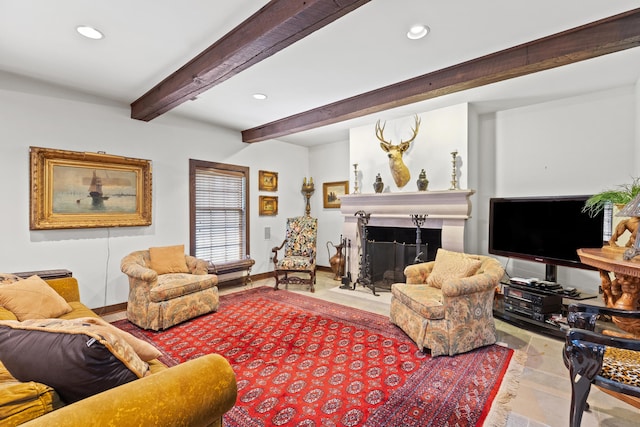 living room with beamed ceiling