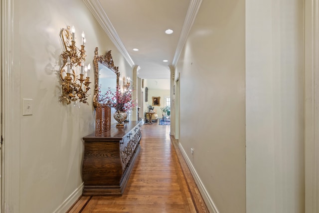 hallway featuring hardwood / wood-style floors and crown molding